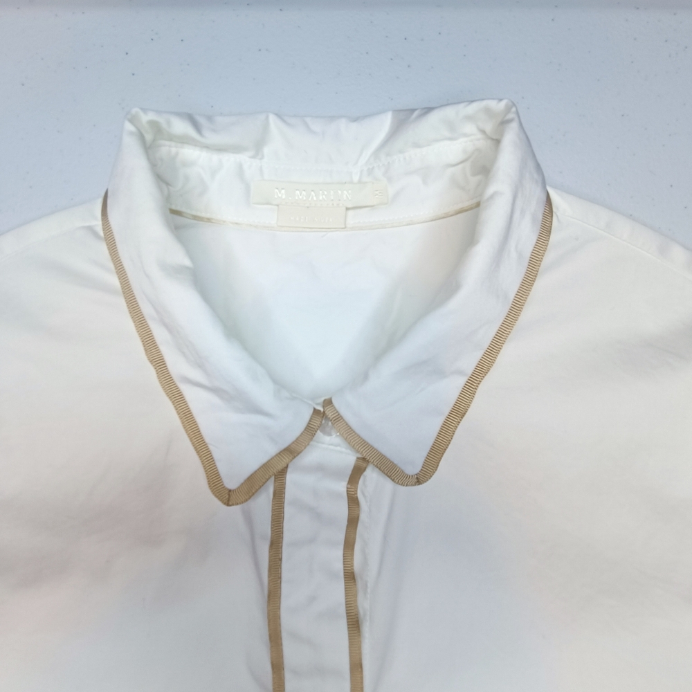 M. Martin White Poplin Cotton Buttondown Blouse Bell Sleeve Tan Piping Size M - Picture 3 of 14